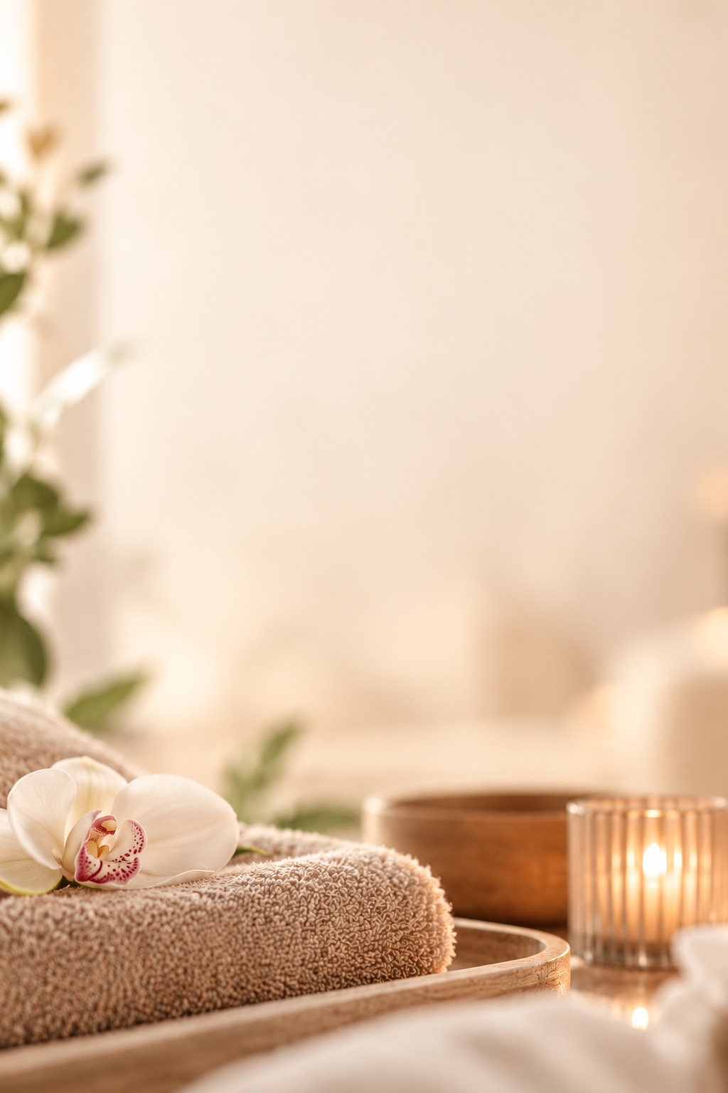 Wellness Oberlausitz – Massage in Oderwitz Handtuch mit Orchidee, Holzschale und Kerze – Massage und Entspannung bei Wellness Oberlausitz in Oderwitz